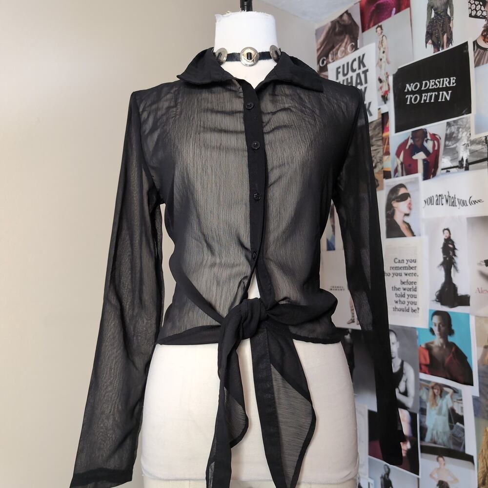 Sheer Button-Up Tie-Front Blouse Gothic